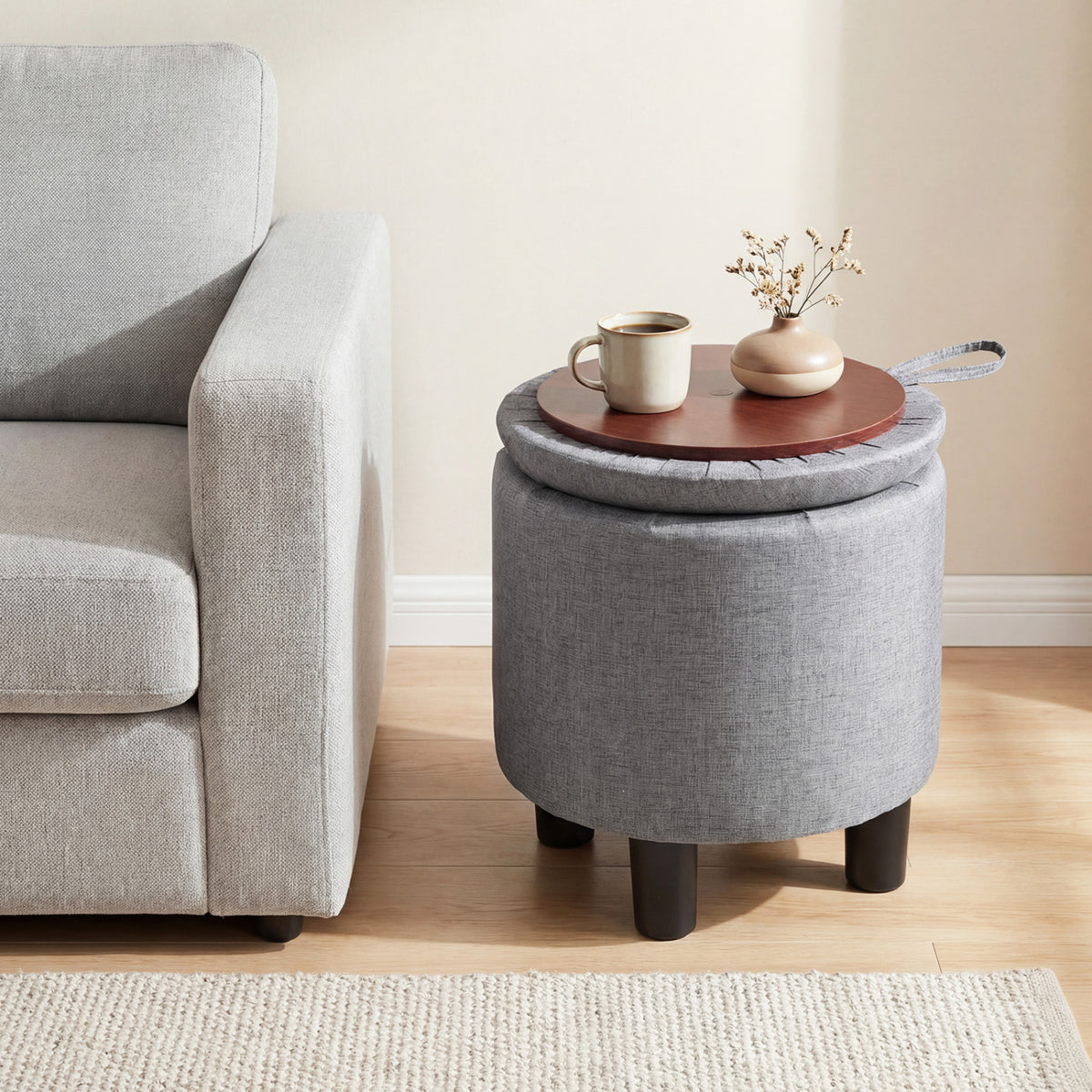Round Storage Ottoman Linen Fabric Upholstered Footrest Stool