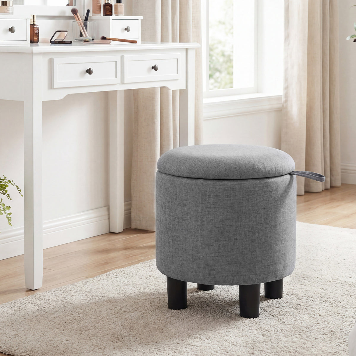 Round Storage Ottoman Linen Fabric Upholstered Footrest Stool
