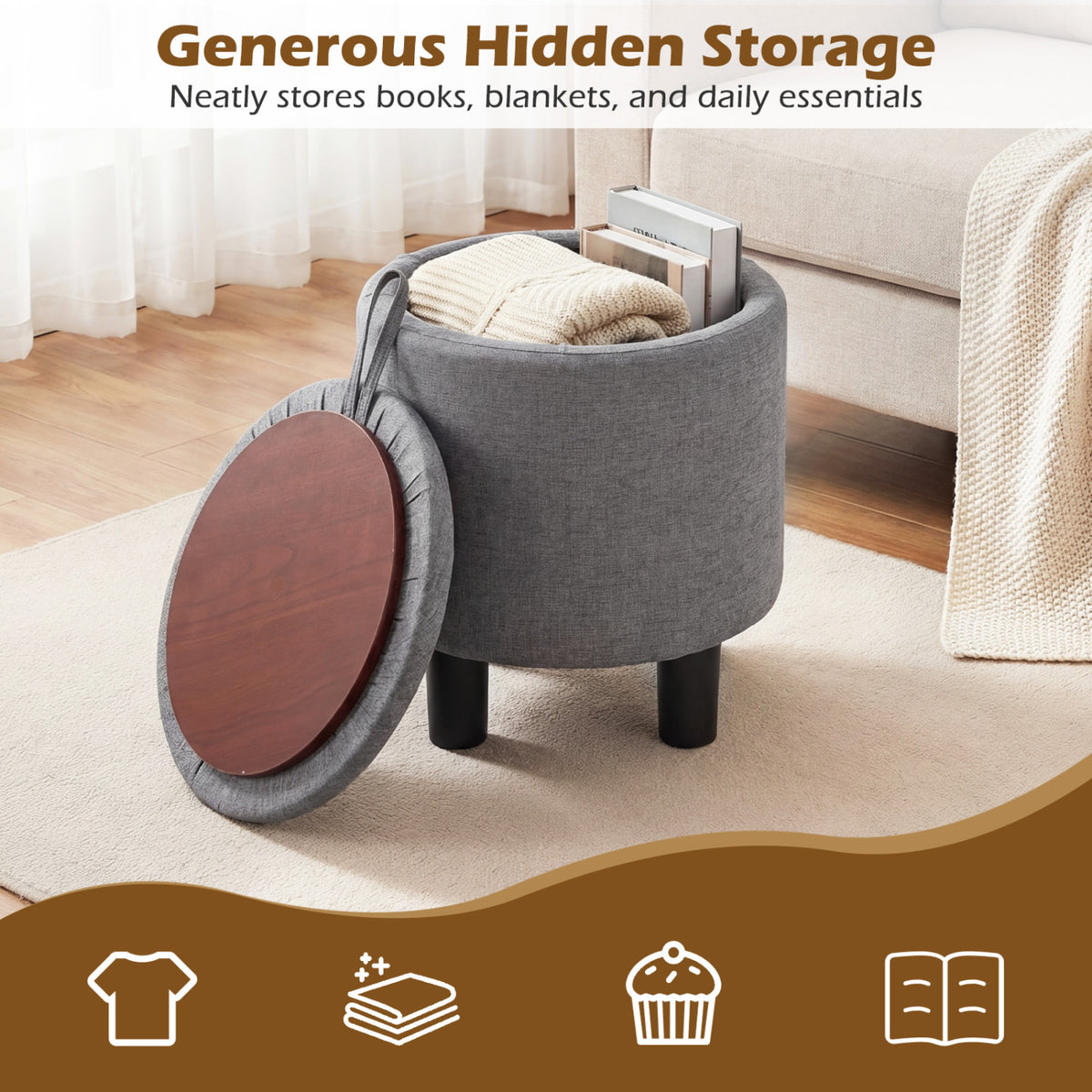 Round Storage Ottoman Linen Fabric Upholstered Footrest Stool