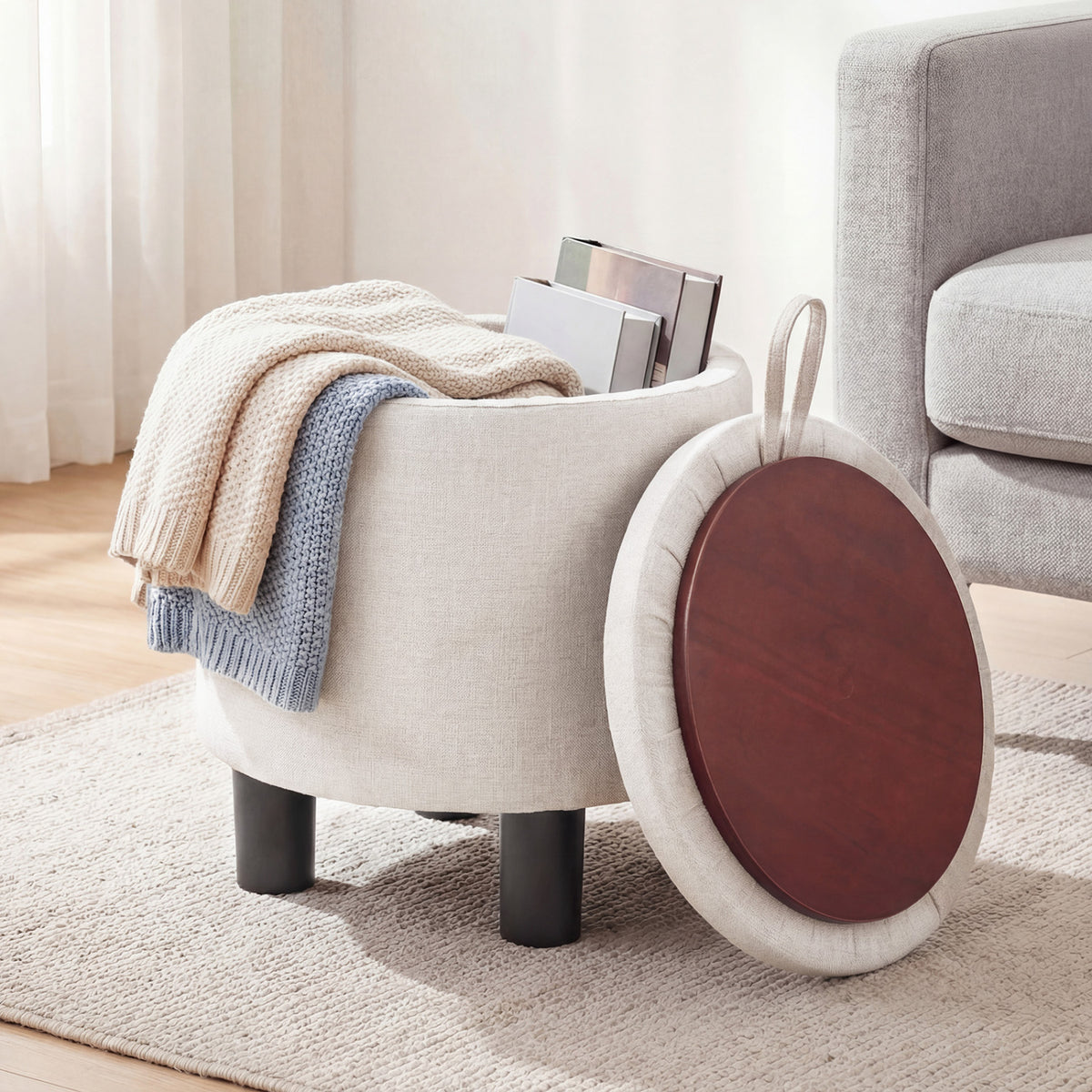 Round Storage Ottoman Linen Fabric Upholstered Footrest Stool