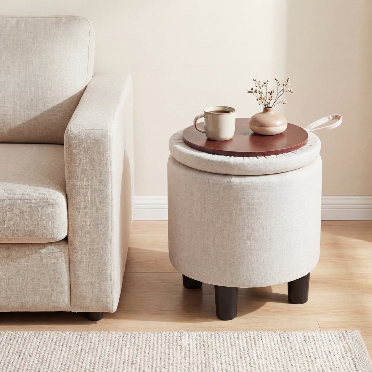 Round Storage Ottoman Linen Fabric Upholstered Footrest Stool