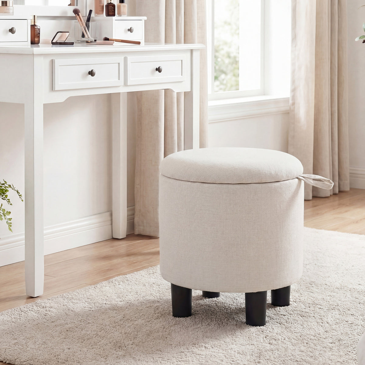 Round Storage Ottoman Linen Fabric Upholstered Footrest Stool