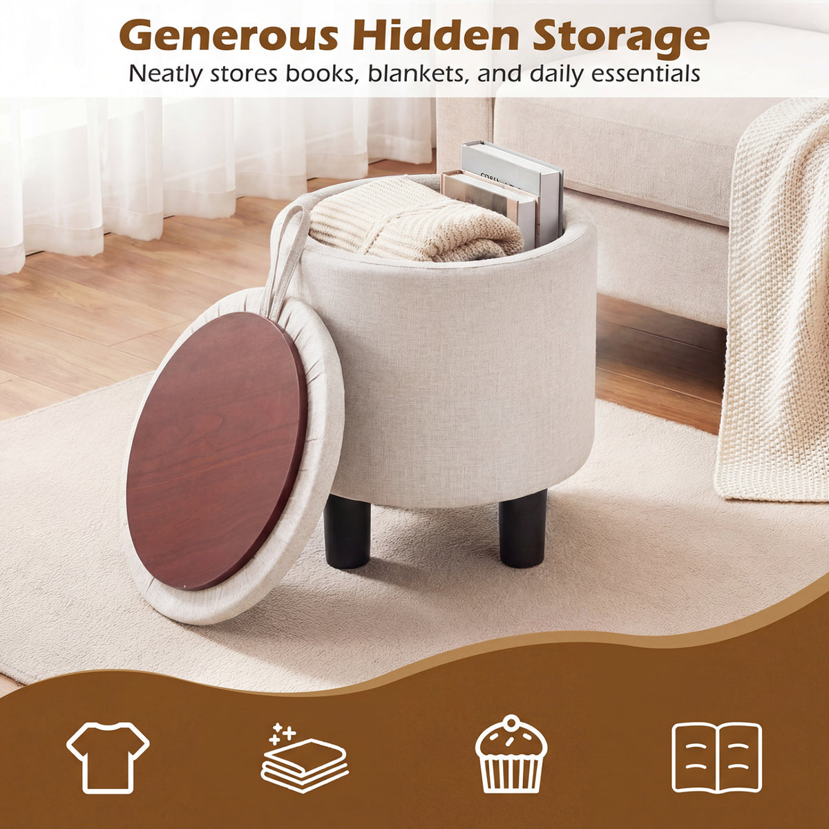 Round Storage Ottoman Linen Fabric Upholstered Footrest Stool