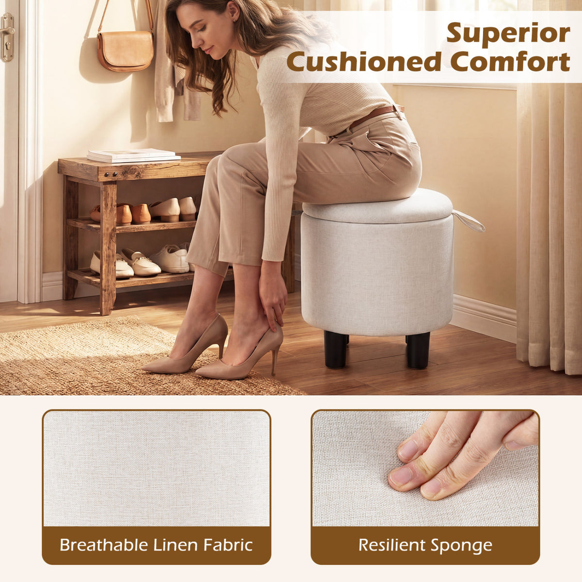 Round Storage Ottoman Linen Fabric Upholstered Footrest Stool