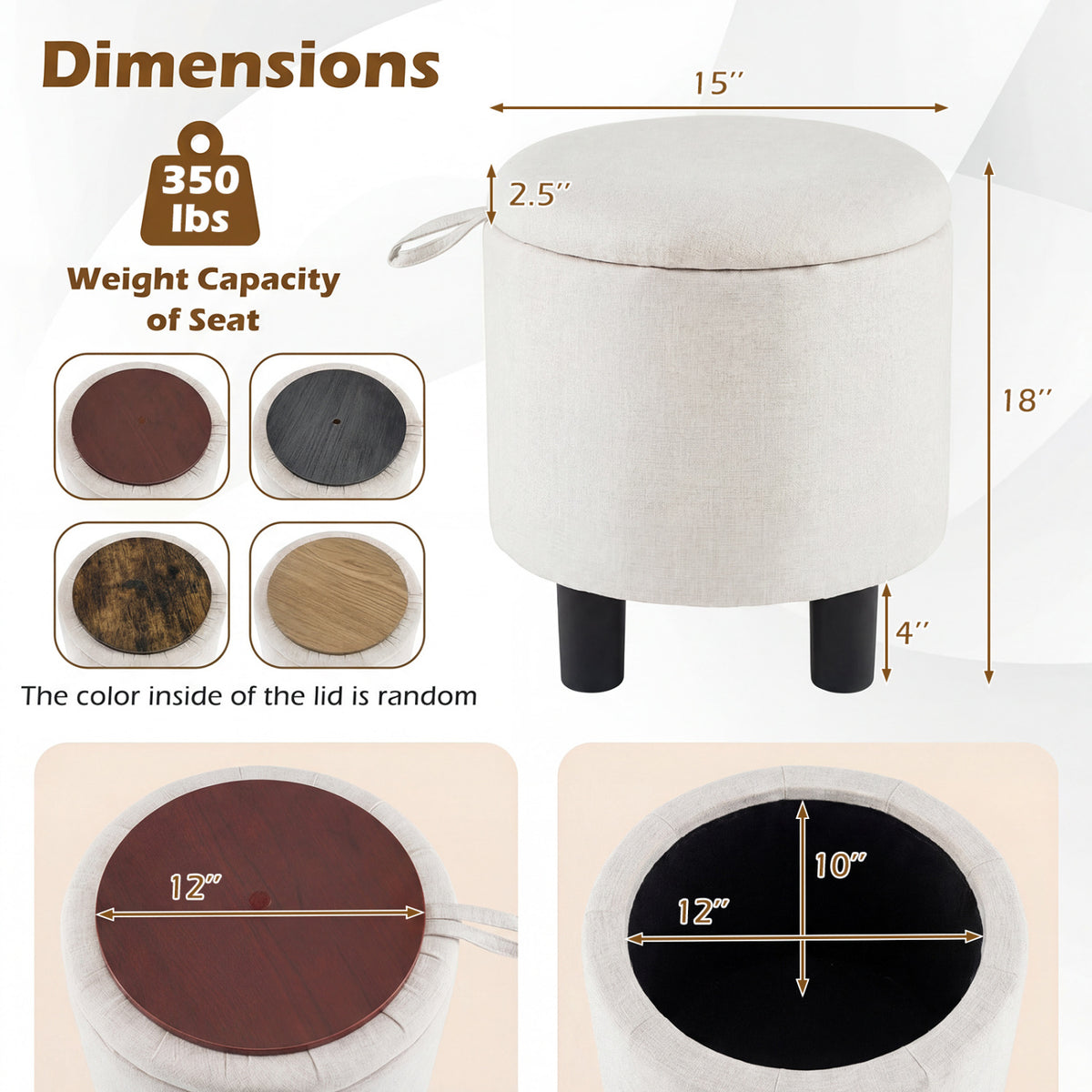 Round Storage Ottoman Linen Fabric Upholstered Footrest Stool