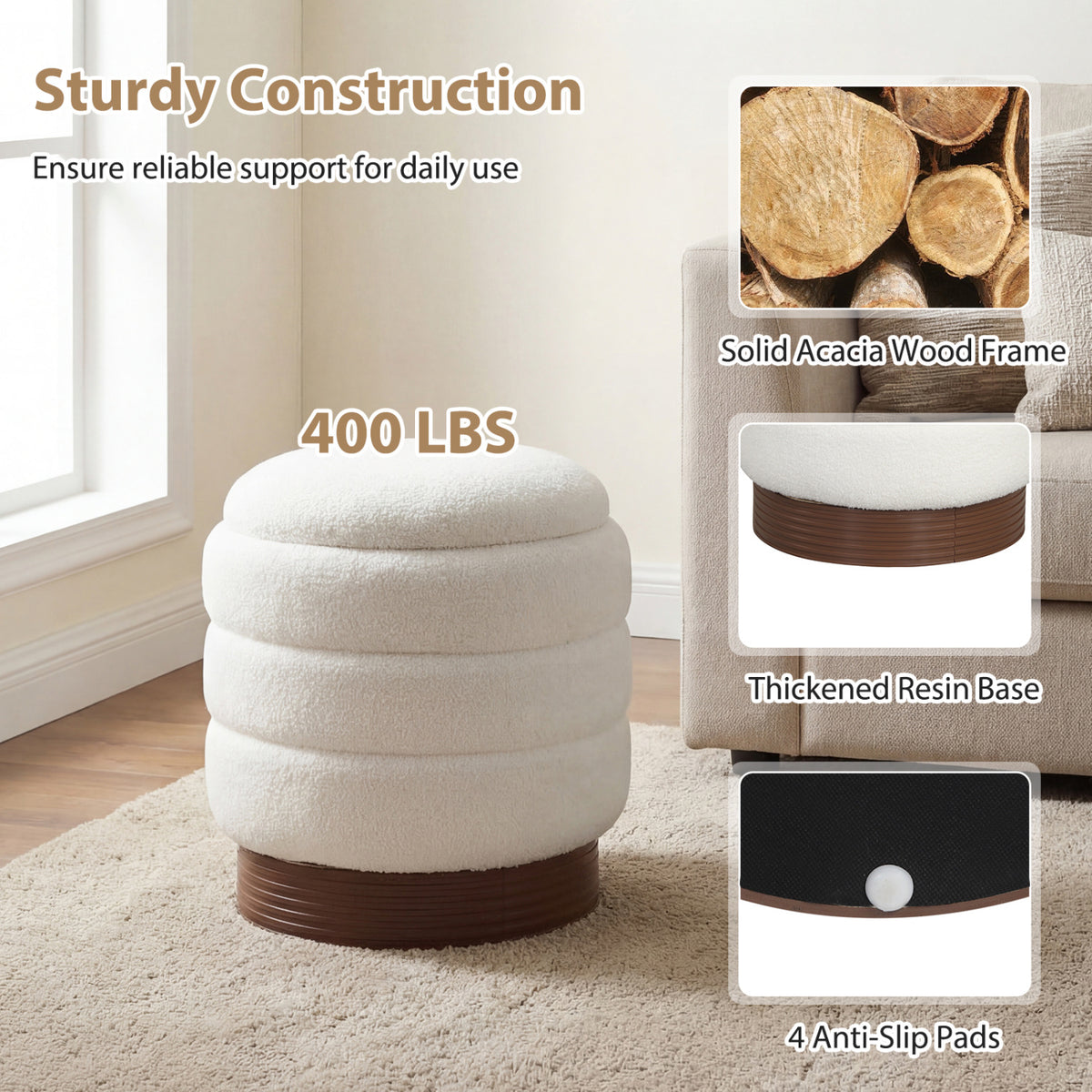 Round Storage Ottoman with Acacia Wood Frame for Living Room