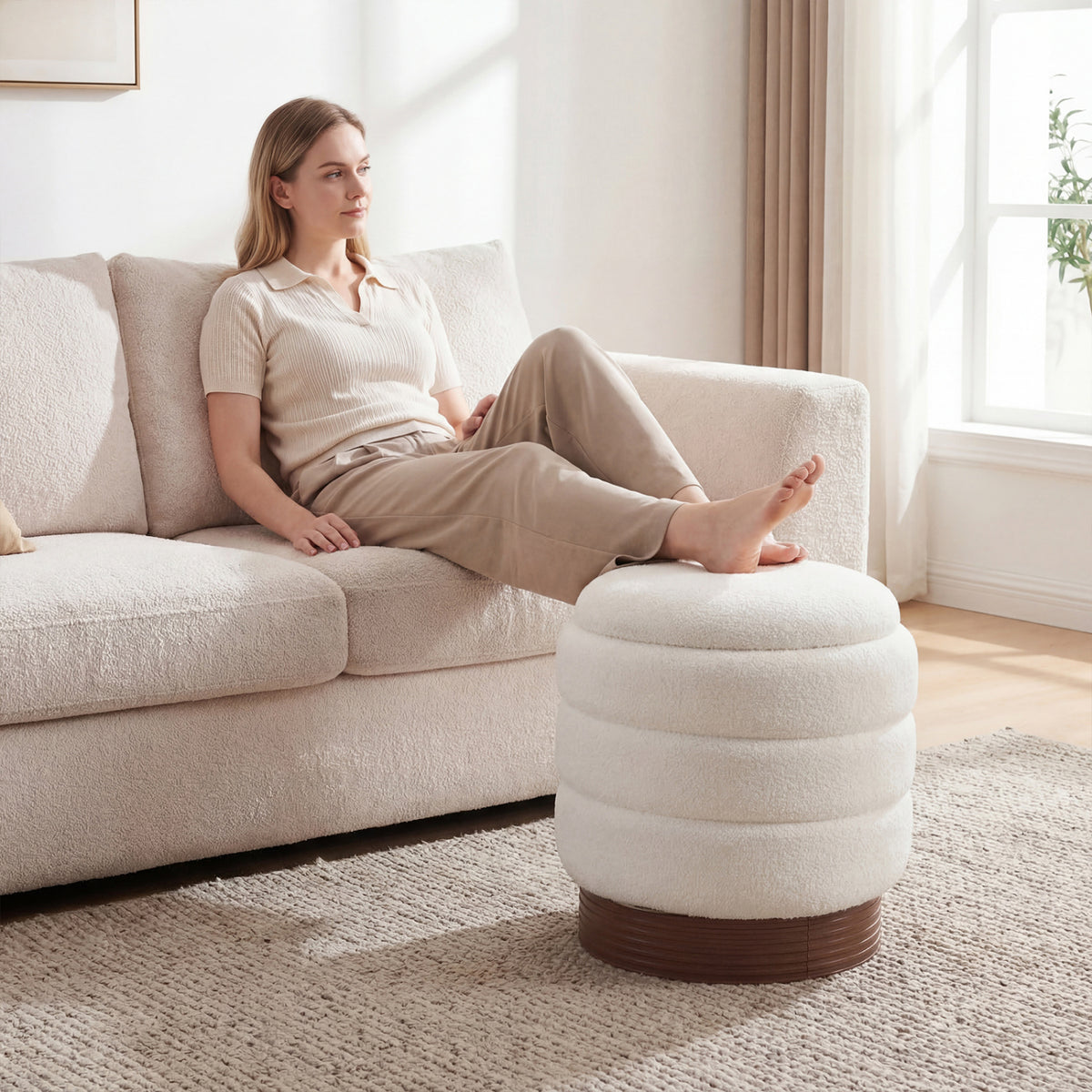 Round Storage Ottoman with Acacia Wood Frame for Living Room