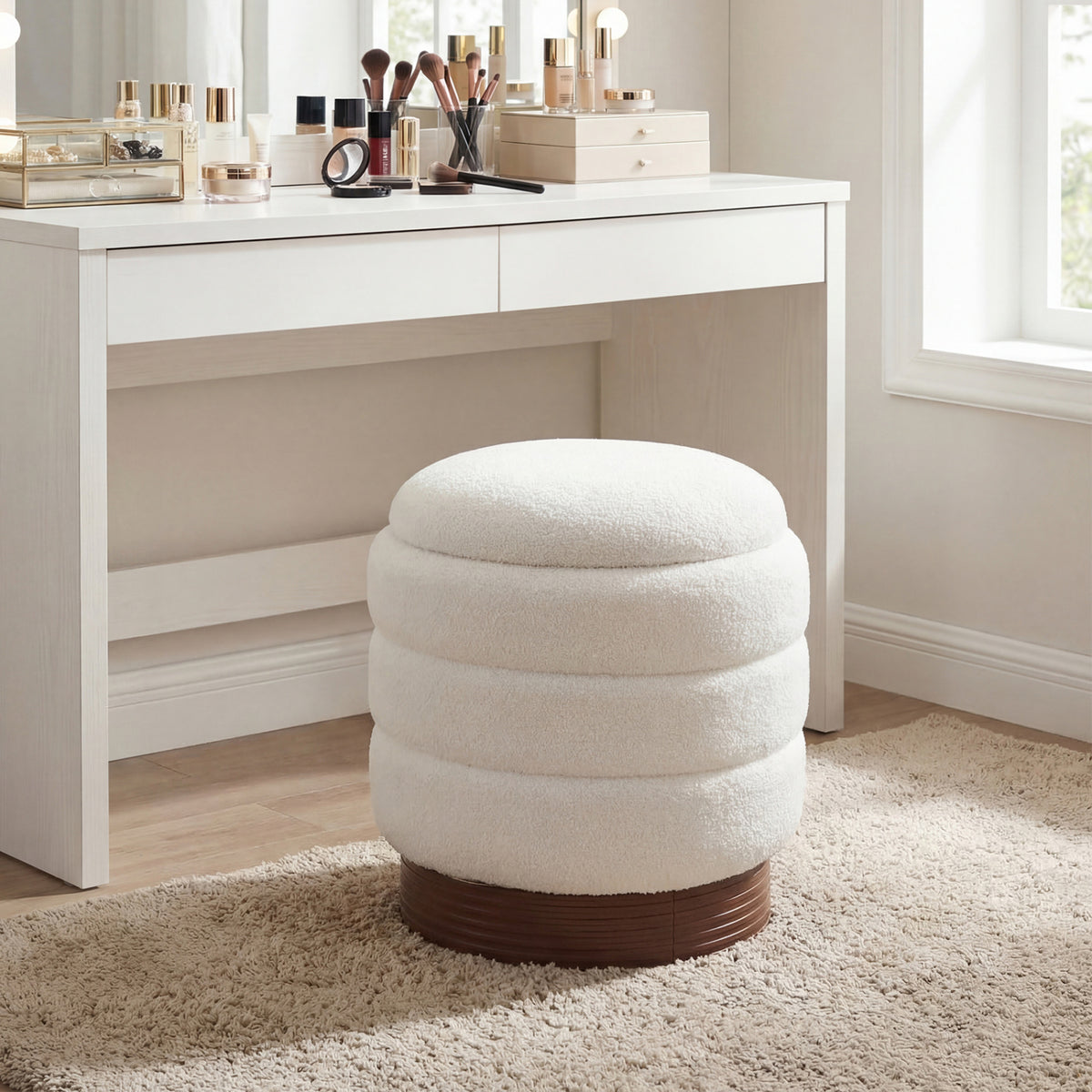 Round Storage Ottoman with Acacia Wood Frame for Living Room