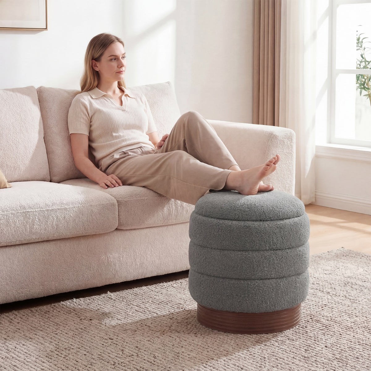 Round Storage Ottoman with Acacia Wood Frame for Living Room