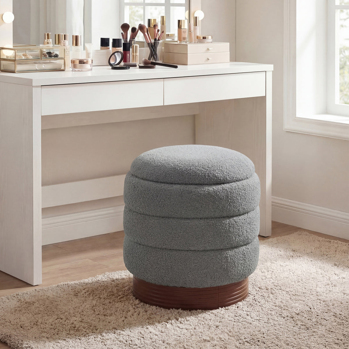 Round Storage Ottoman with Acacia Wood Frame for Living Room