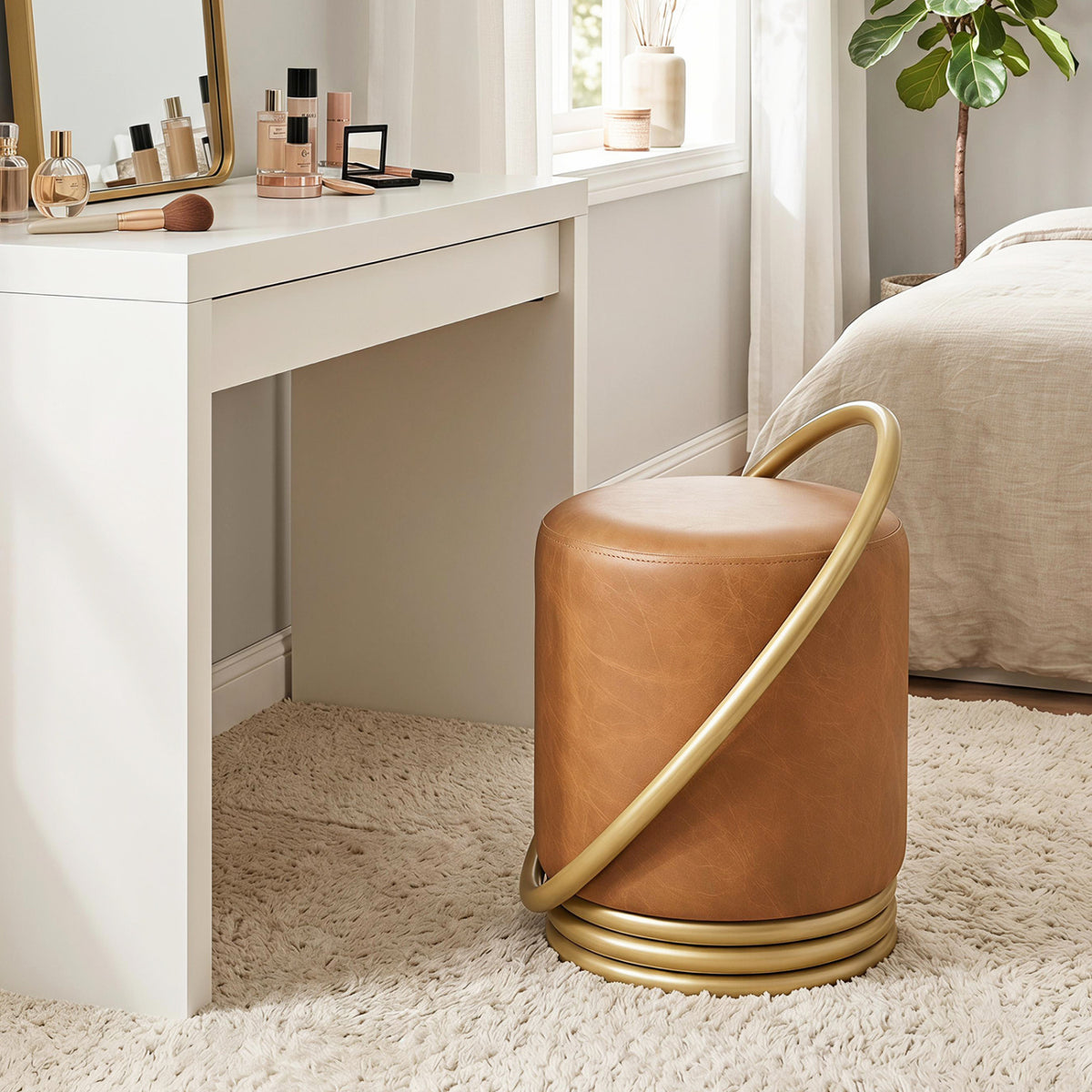 Round Vanity Stool Faux Leather Makeup Chair with Gold Halo Design