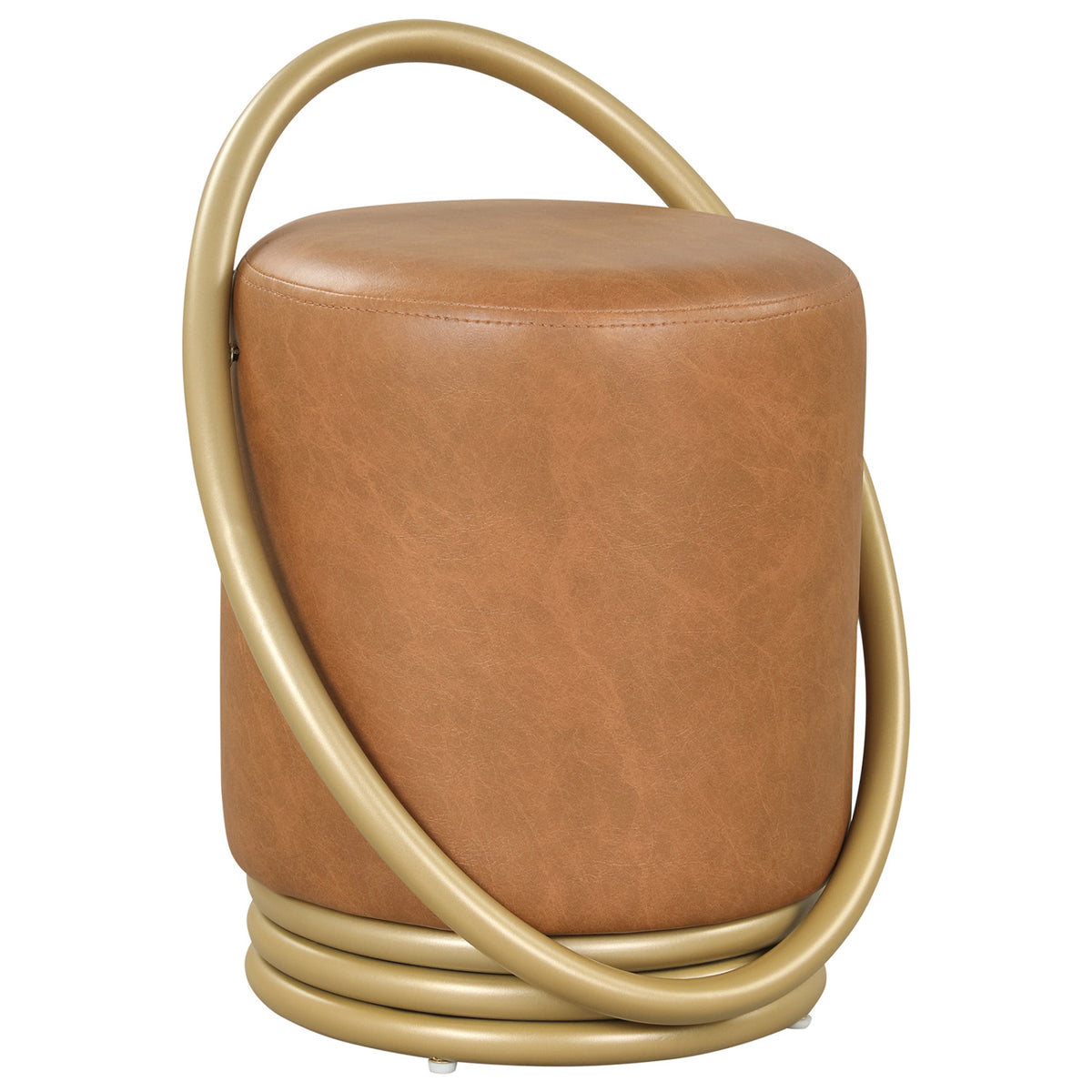 Round Vanity Stool Faux Leather Makeup Chair with Gold Halo Design