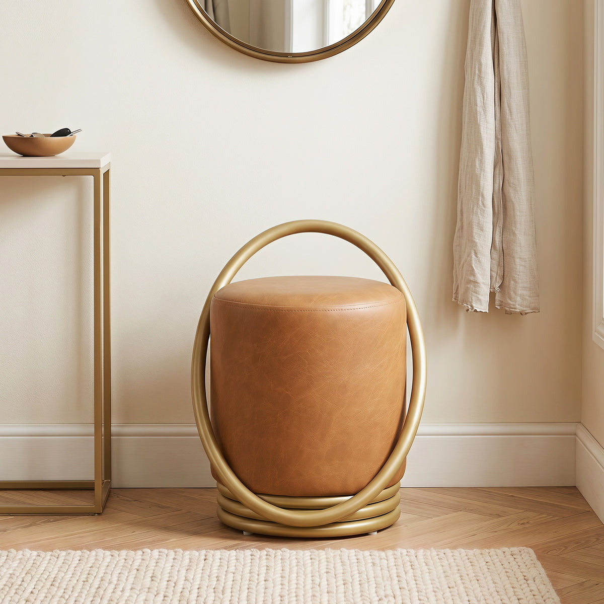 Round Vanity Stool Faux Leather Makeup Chair with Gold Halo Design