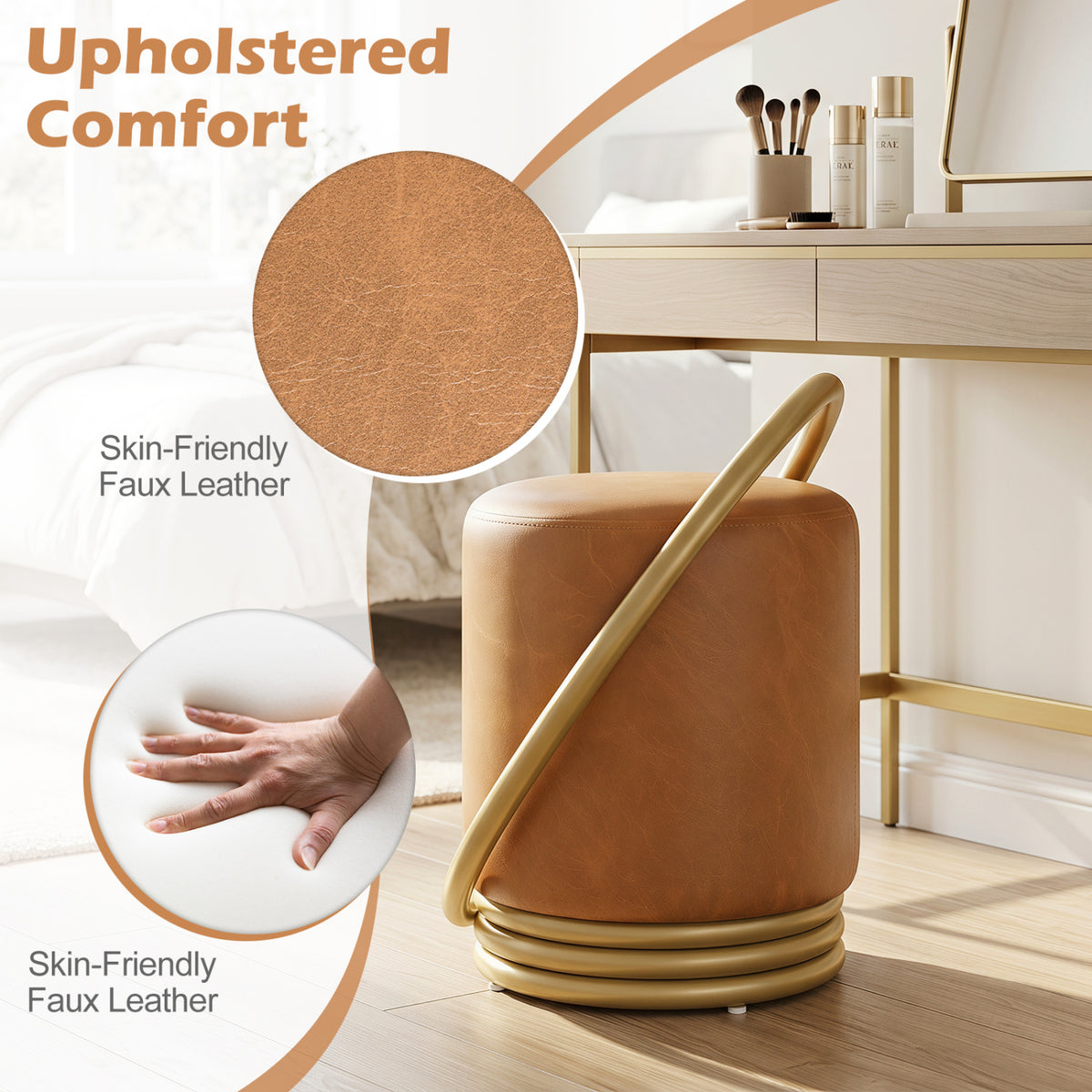 Round Vanity Stool Faux Leather Makeup Chair with Gold Halo Design