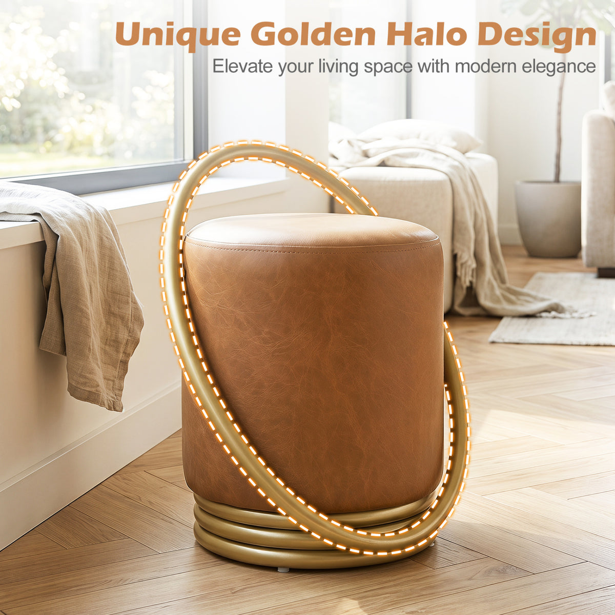 Round Vanity Stool Faux Leather Makeup Chair with Gold Halo Design