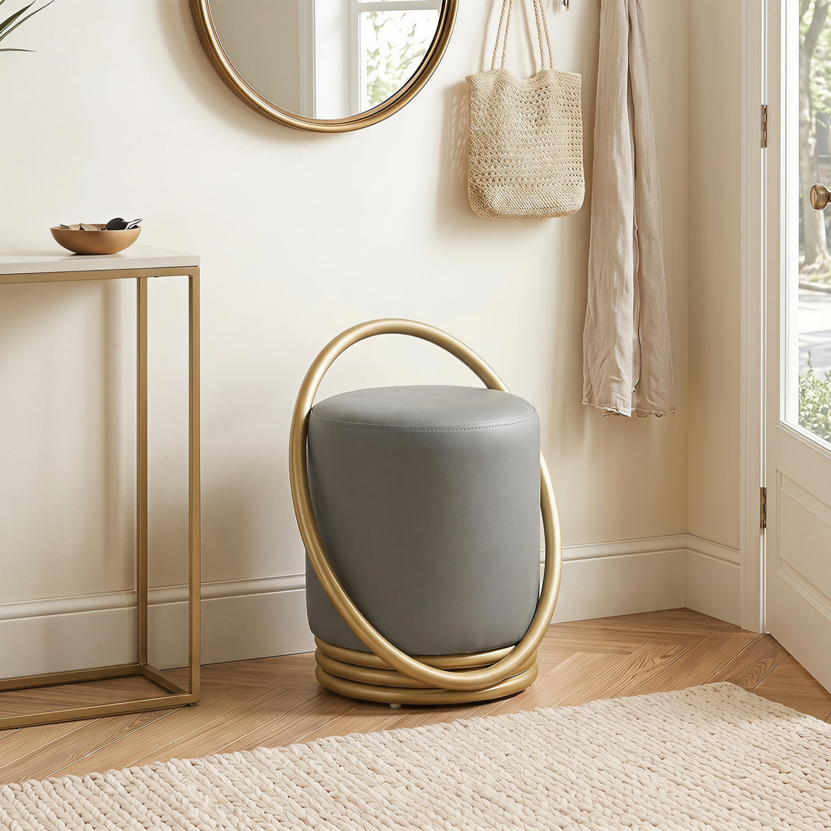Round Vanity Stool Faux Leather Makeup Chair with Gold Halo Design