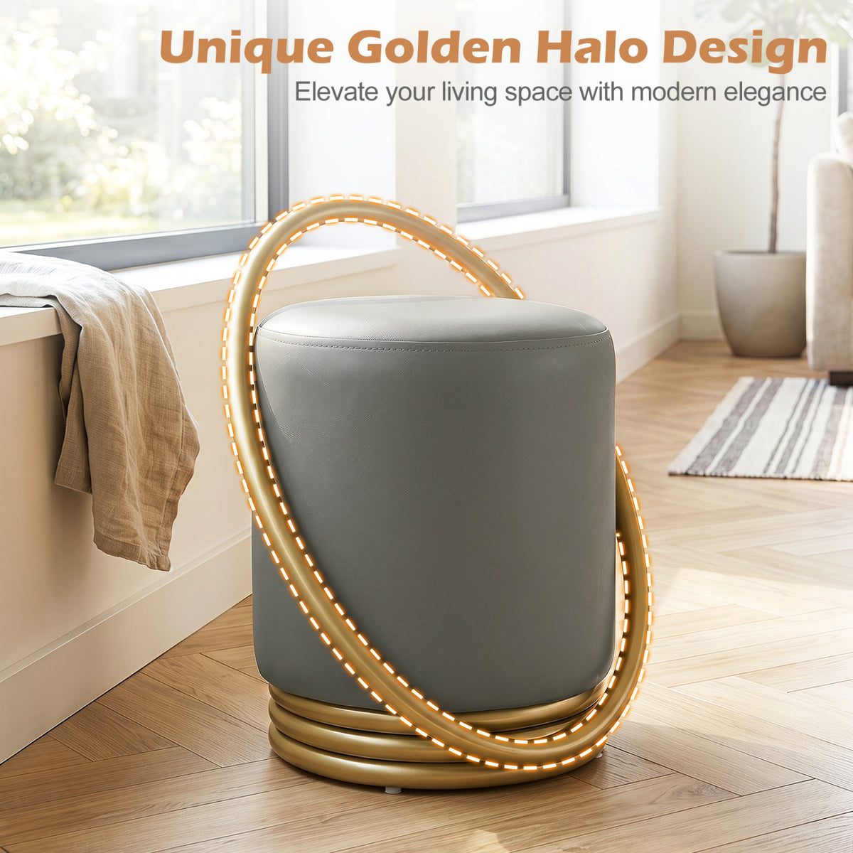 Round Vanity Stool Faux Leather Makeup Chair with Gold Halo Design
