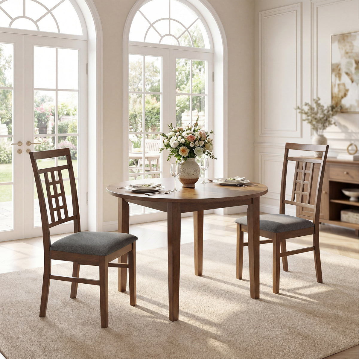 Rubber Wood Dining Chairs Set of 2 with Lattice Back-Brown