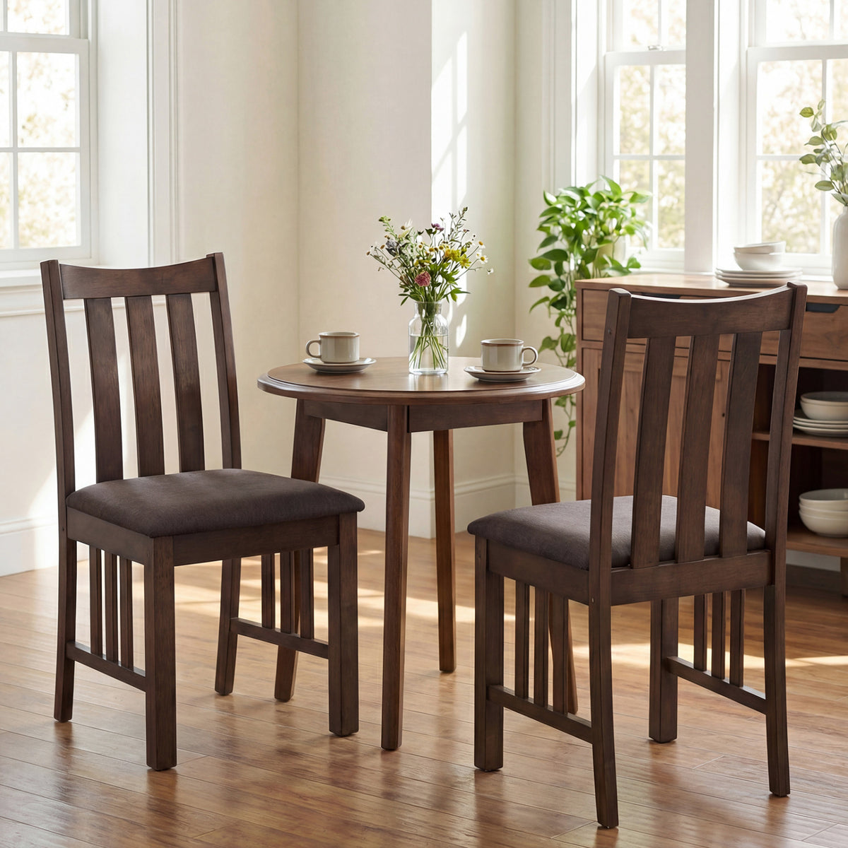 Rubber Wood Dining Chairs Side Chairs Set of 2 with Slat Back-Brown