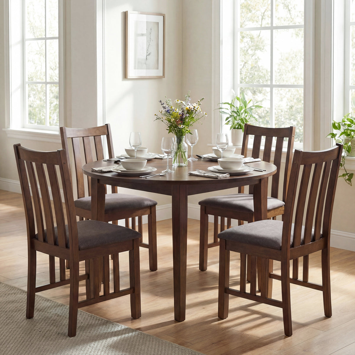 Rubber Wood Dining Chairs Side Chairs Set of 2 with Slat Back-Brown