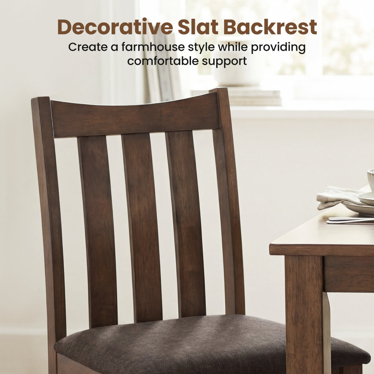 Rubber Wood Dining Chairs Side Chairs Set of 2 with Slat Back-Brown