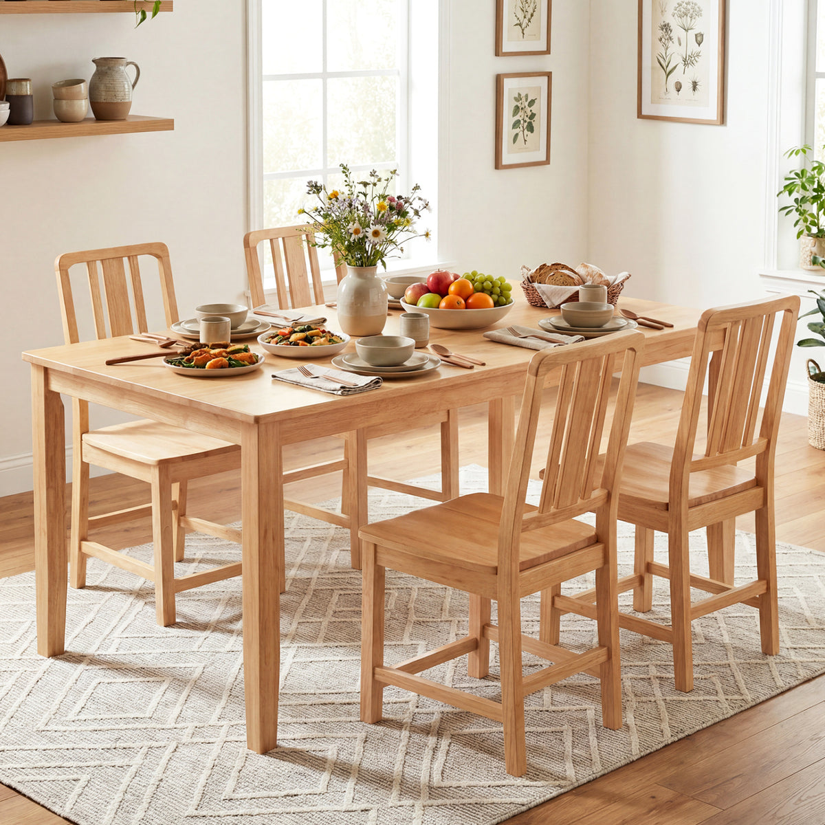 Rubber Wood Dining Chairs Set of 2 with Hollowed Backrest-Natural