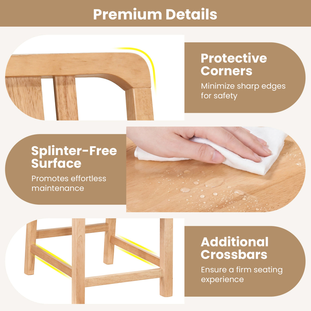 Rubber Wood Dining Chairs Set of 4 with Hollowed Backrest-Natural