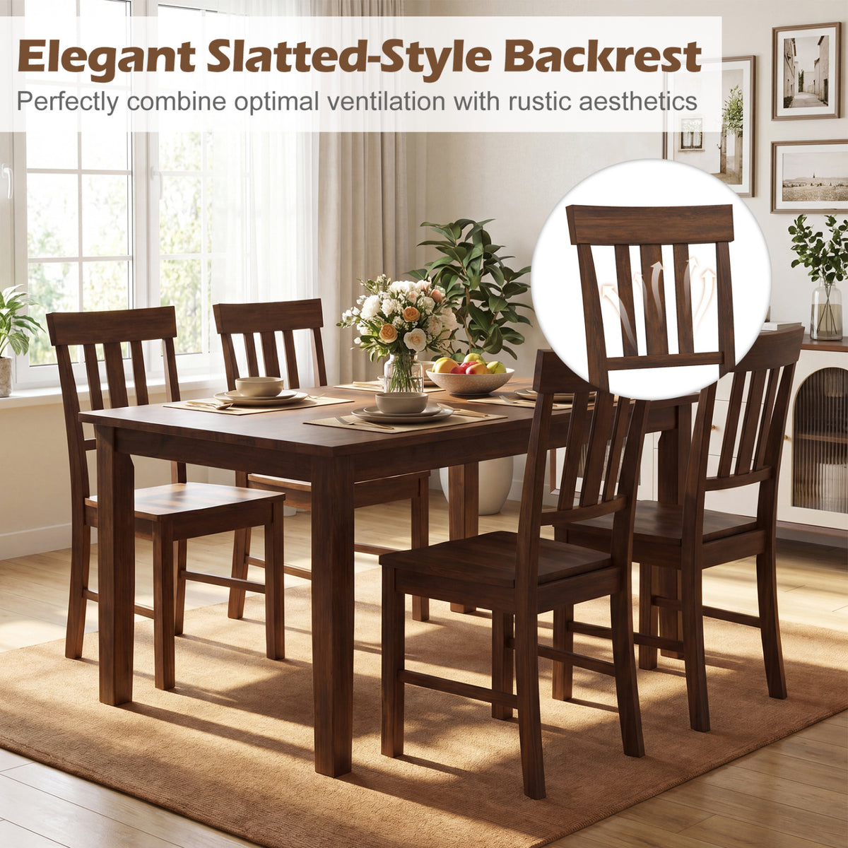 Rubber Wood Dining Chairs Set of 2 with High Slat Backrests-Brown
