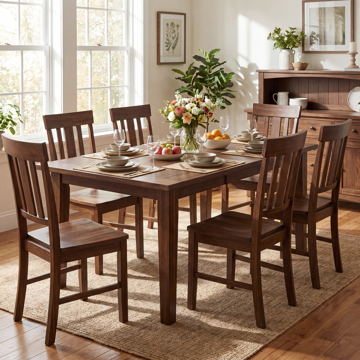 Rubber Wood Dining Chairs Set of 4 with High Slat Backrests-Brown