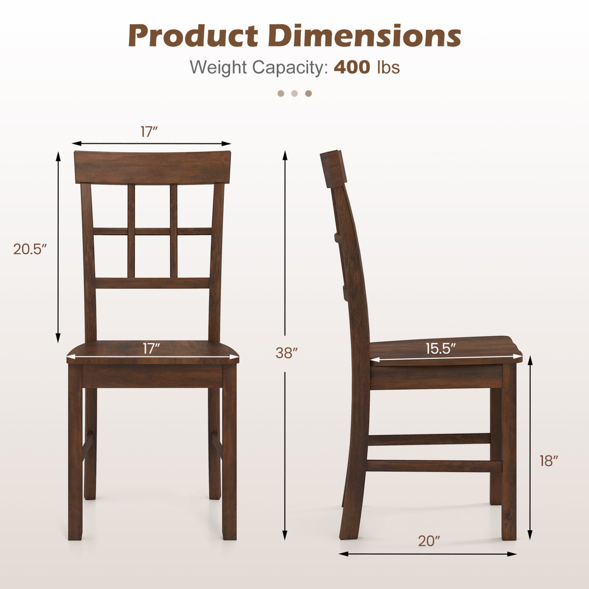Rubber Wood Dining Chairs Set of 2 with High Backrests-Brown