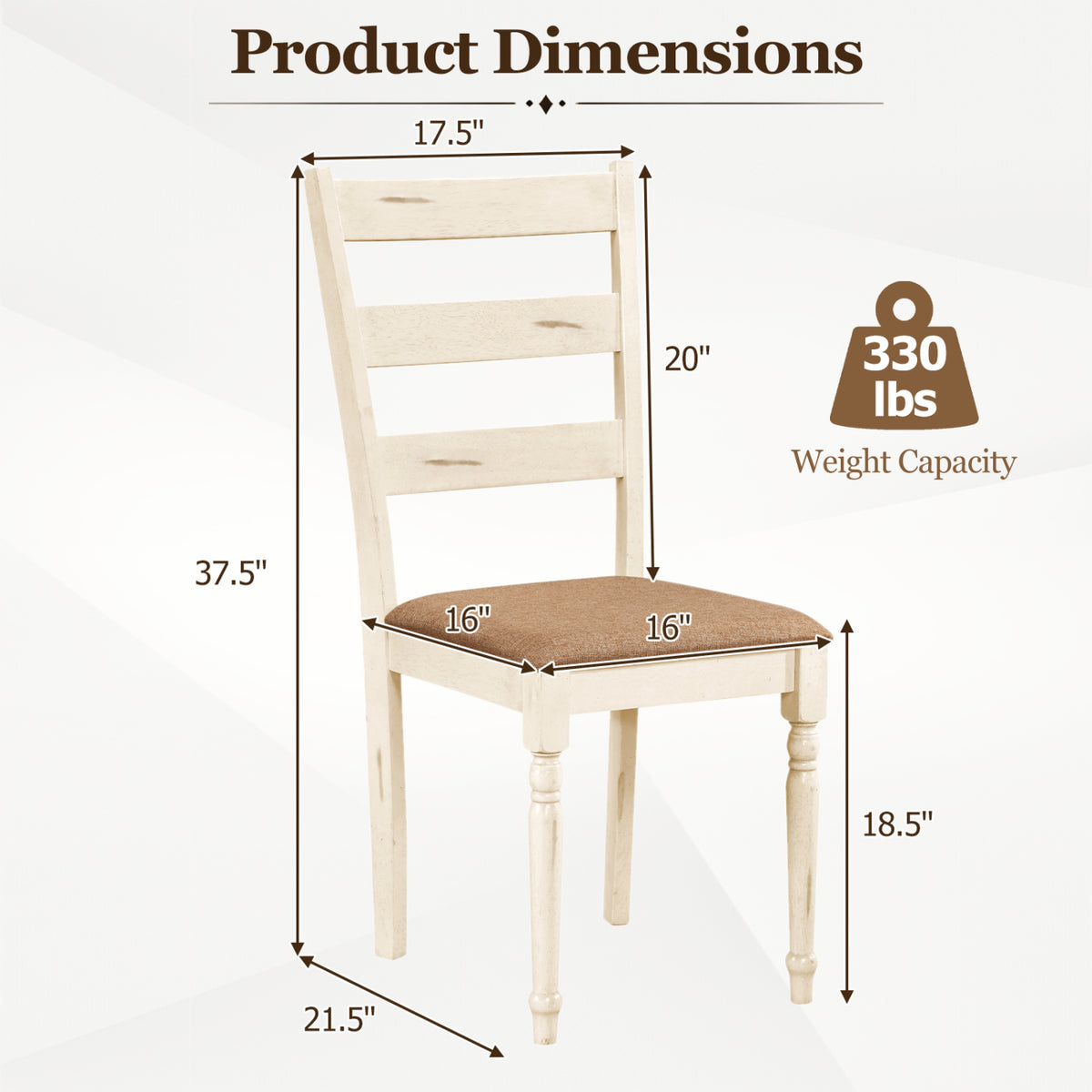 Rubber Wood Dining Chairs Set of 2 with Padded Linen Seat & Slatted Backrest-White