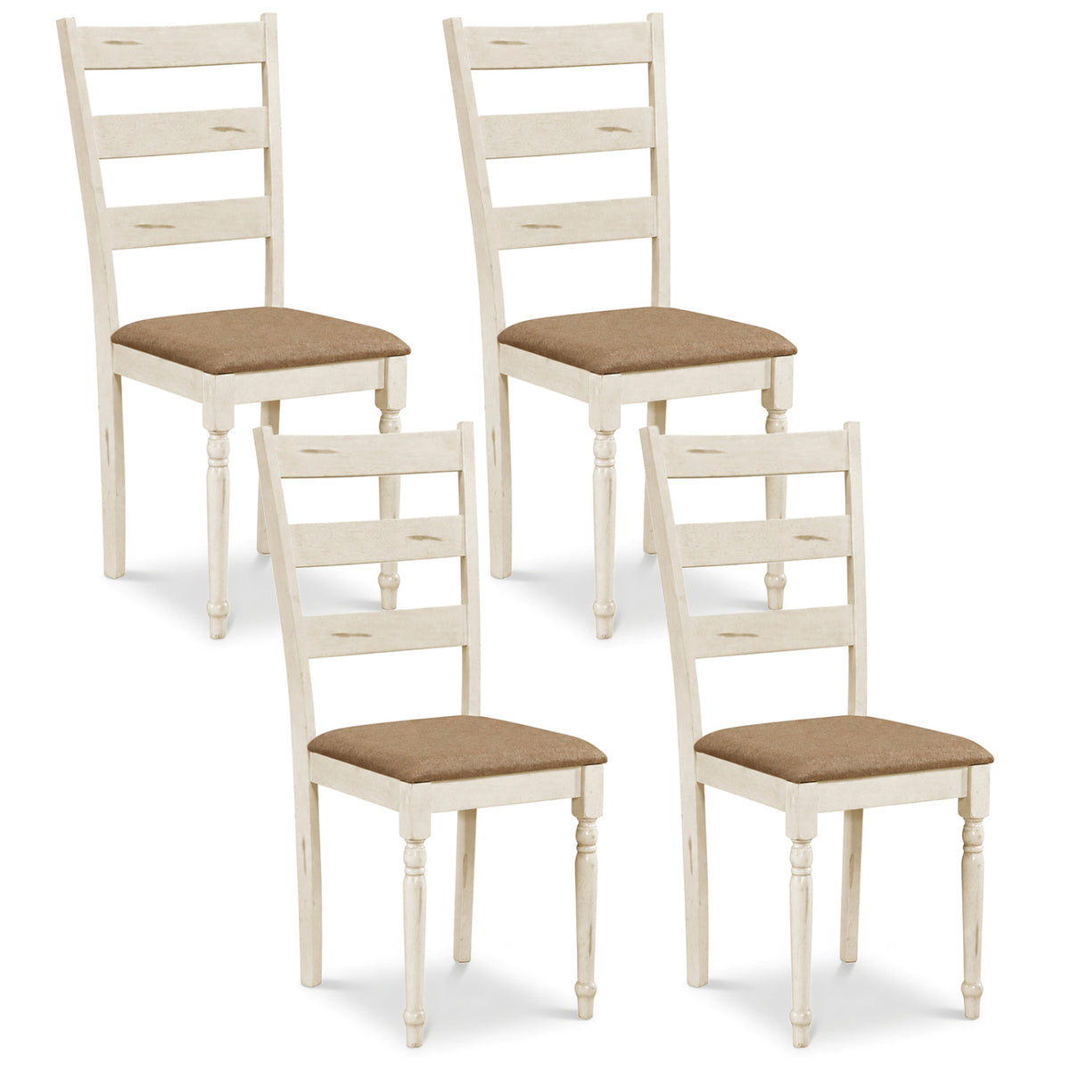 Rubber Wood Dining Chairs Set of 4 with Padded Linen Seat & Slatted Backrest-White
