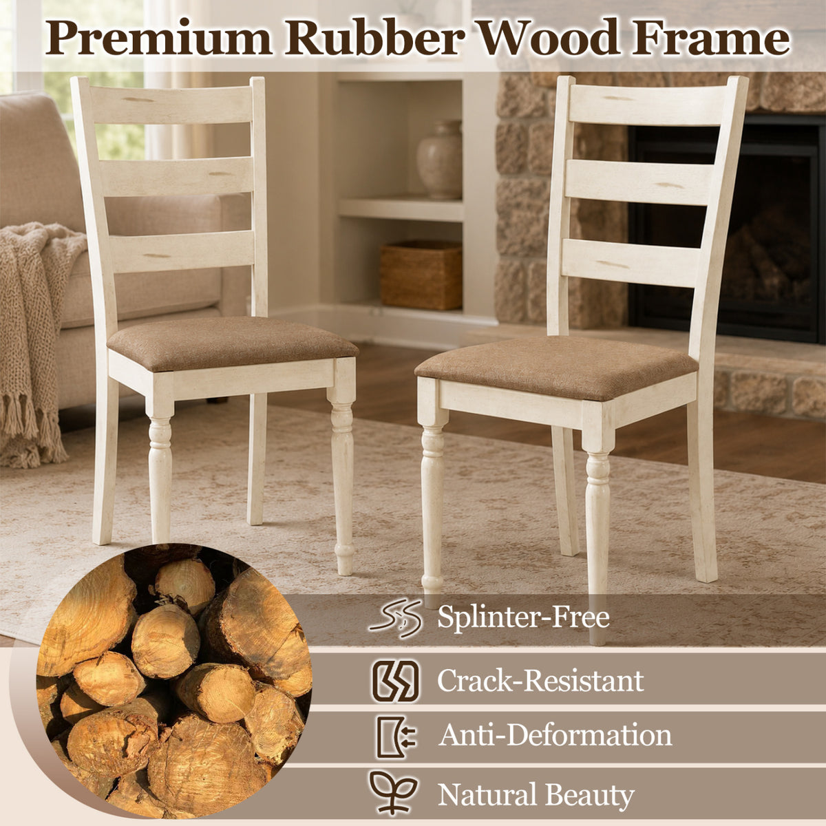 Rubber Wood Dining Chairs Set of 4 with Padded Linen Seat & Slatted Backrest-White