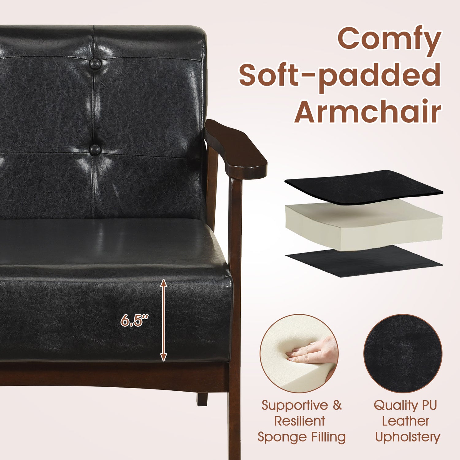 Rubber Wood Frame Accent Chair with Armrest for Living Room