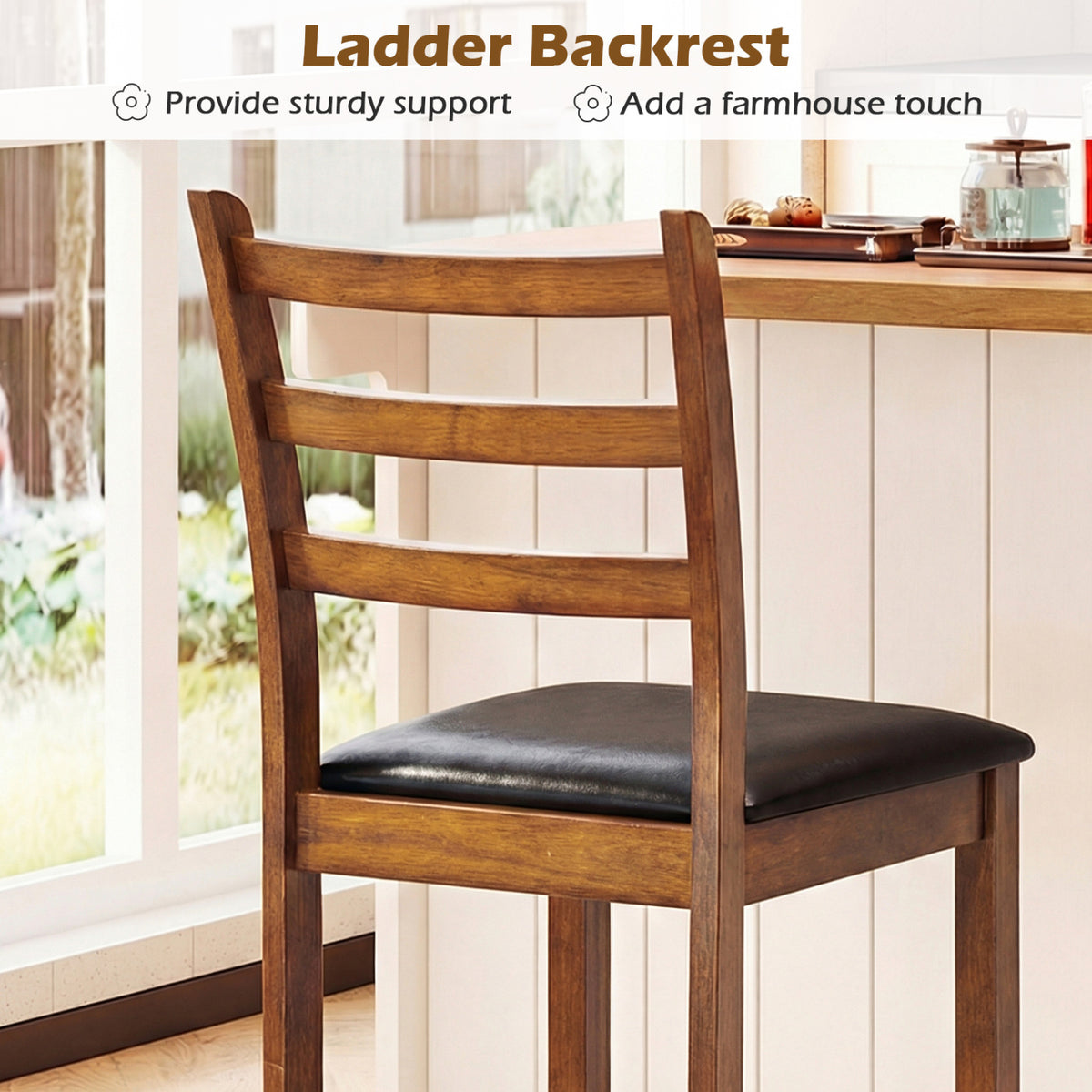 Rubber Wood Ladder Back Bar Stools Set of 2 24inch Counter Height Kitchen Island High Chairs-Walnut
