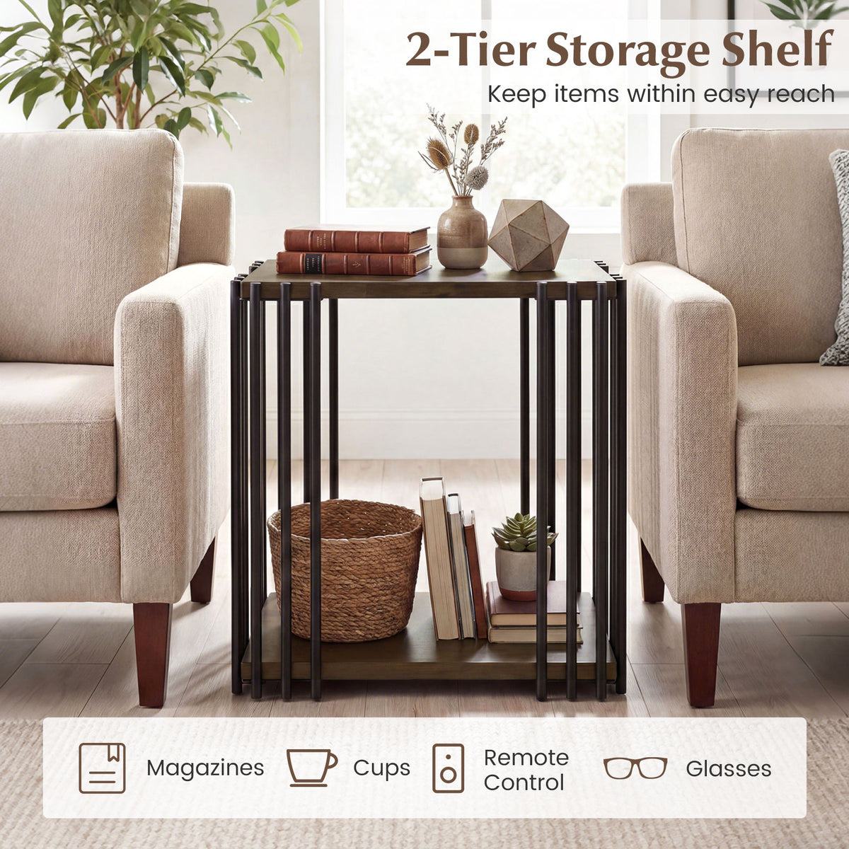 Rubber Wood Side Table with 2-Layer Storage Shelves and Metal Frame-Walnut
