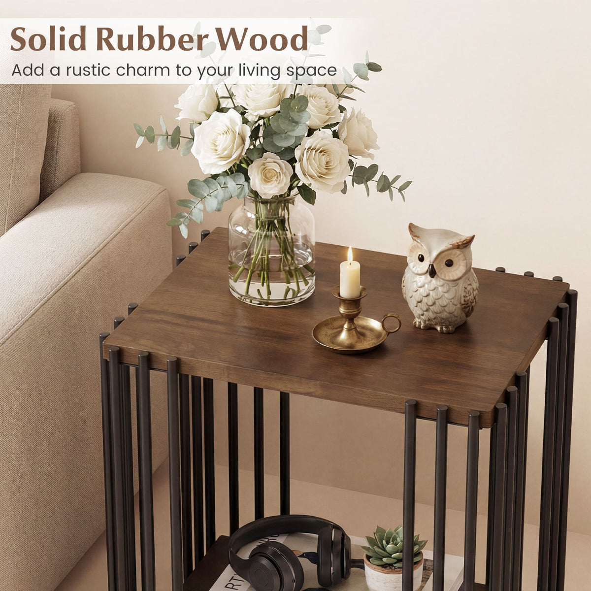 Rubber Wood Side Table with 2-Layer Storage Shelves and Metal Frame-Walnut