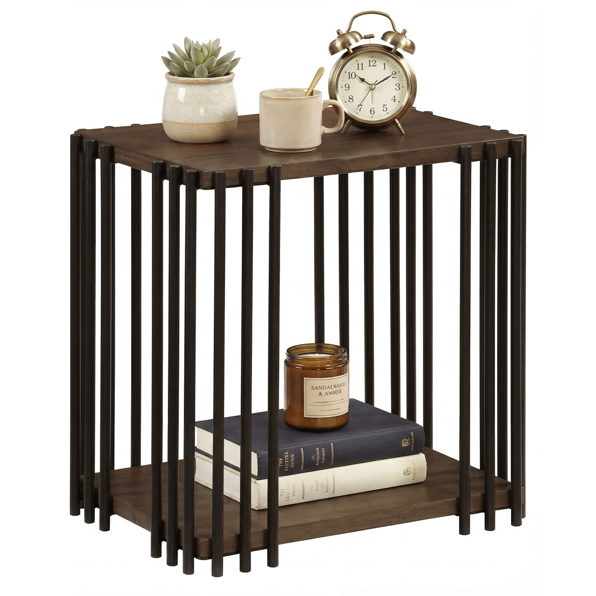 Rubber Wood Side Table with 2-Layer Storage Shelves and Metal Frame-Walnut