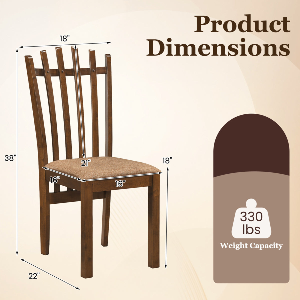 Rubber Wood Slat Back Kitchen Dining Chairs Set of 2-Brown