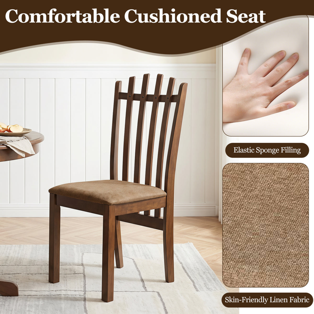 Rubber Wood Slat Back Kitchen Dining Chairs Set of 2-Brown