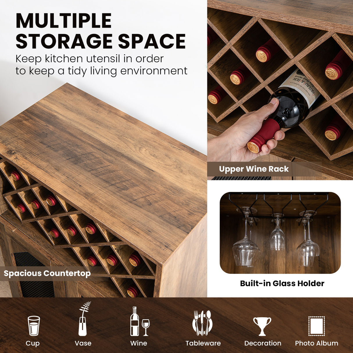 2-Door Farmhouse Kitchen Storage Bar Cabinet with Wine Rack and Glass Holder-Rustic Brown