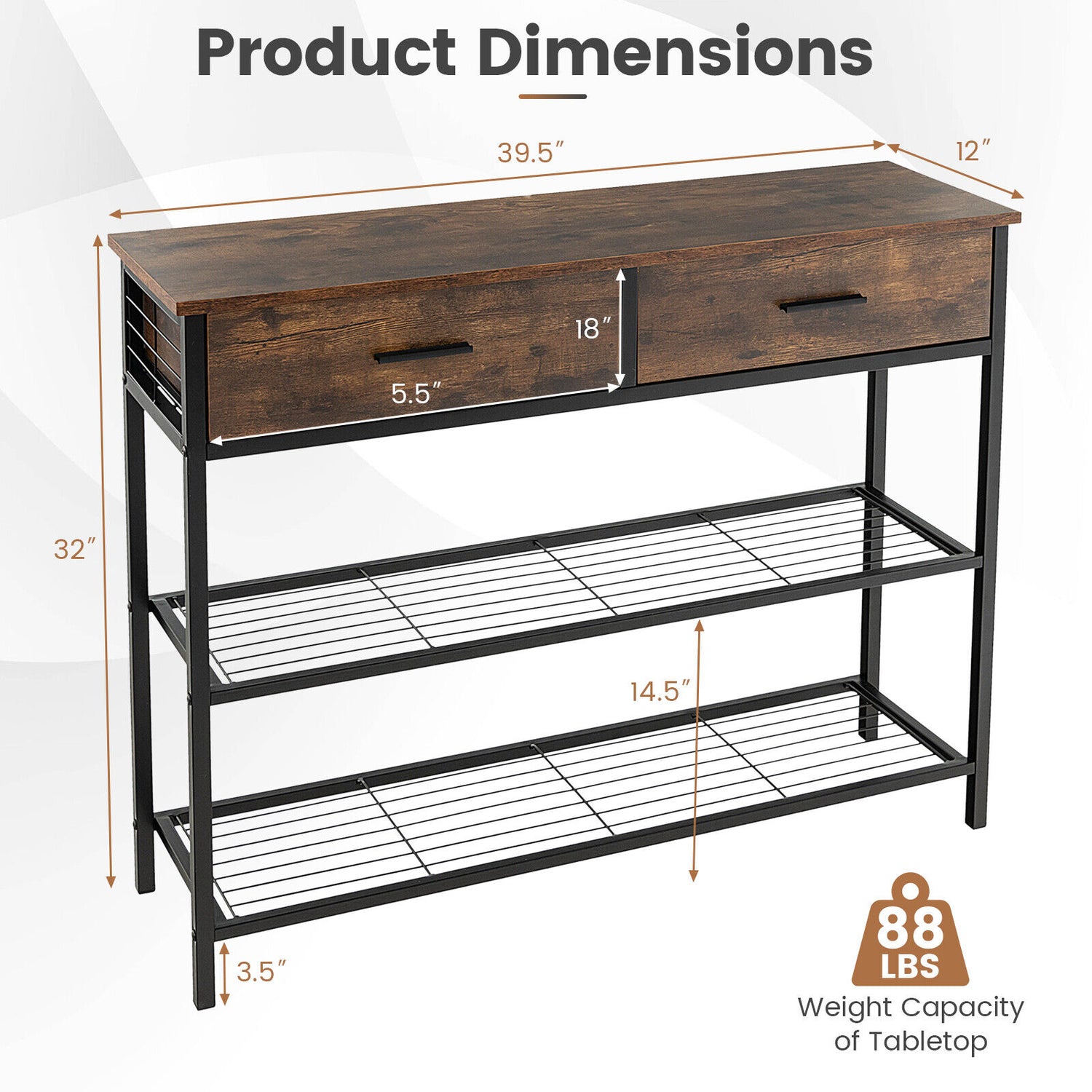 39.5 Inch Entryway Table with 2 Drawers and 2-Tier Shelves