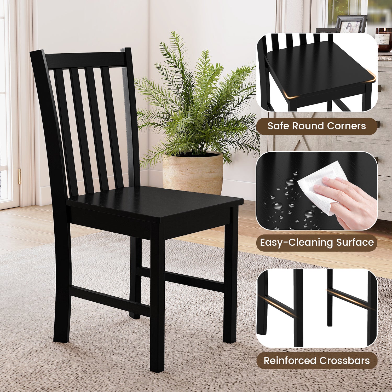 Rustic Dining Chairs Set of 2 Wooden Kitchen Chairs with Slat Tilt Backrest