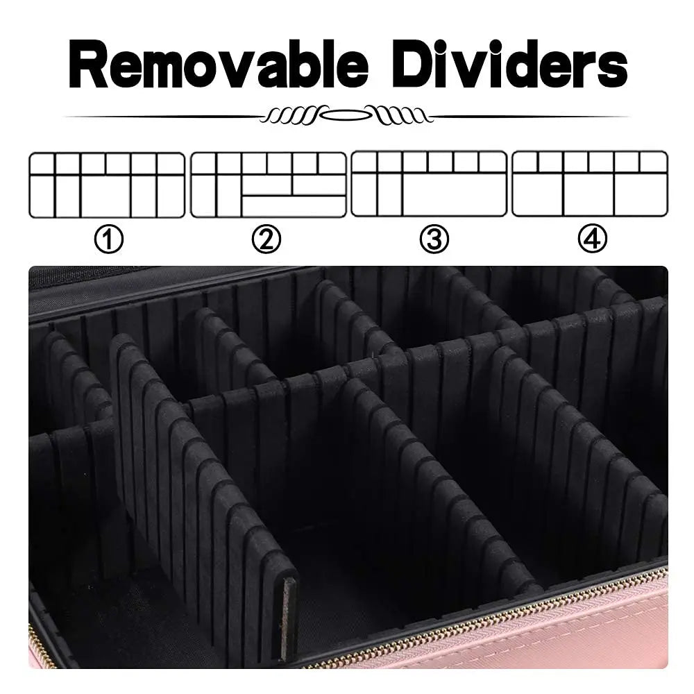 Large capacity travel makeup case, portable artist organizer with adjustable dividers and shoulder strap for toiletries jewelry