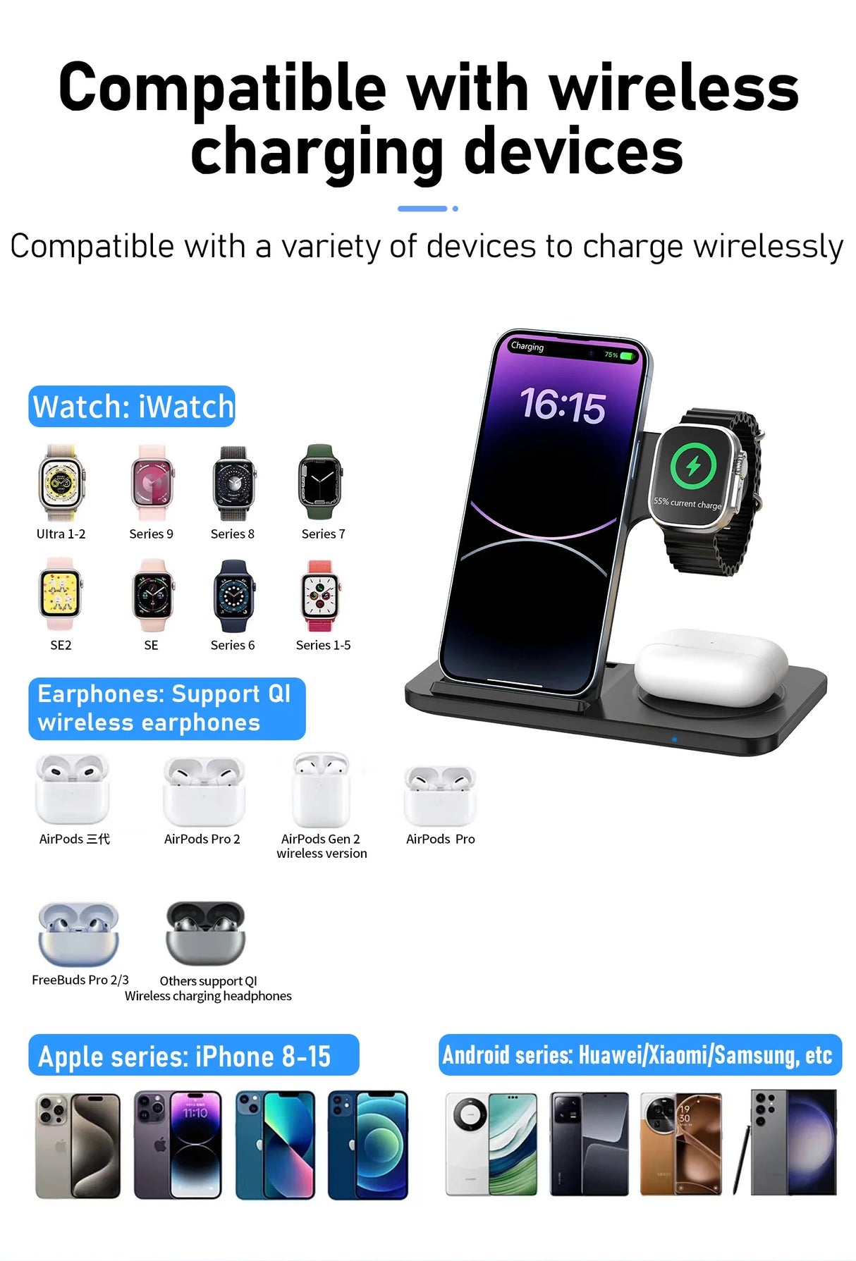 3 in 1 Wireless Charger Stand Pad For iPhone 15 14 13 12 X Max Foldable Fast Charging Station Dock For IWatch 8 7 SE AirPods Pro