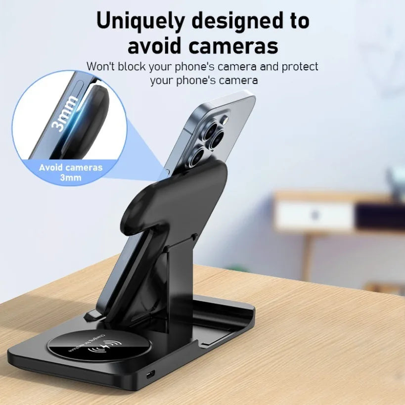3 In 1 Wireless Charger Stand Foldable 15W Fast Wireless Charging Station Dock for iPhone 16 15 14 13 12 iWatch 9 8 7 6 Airpods