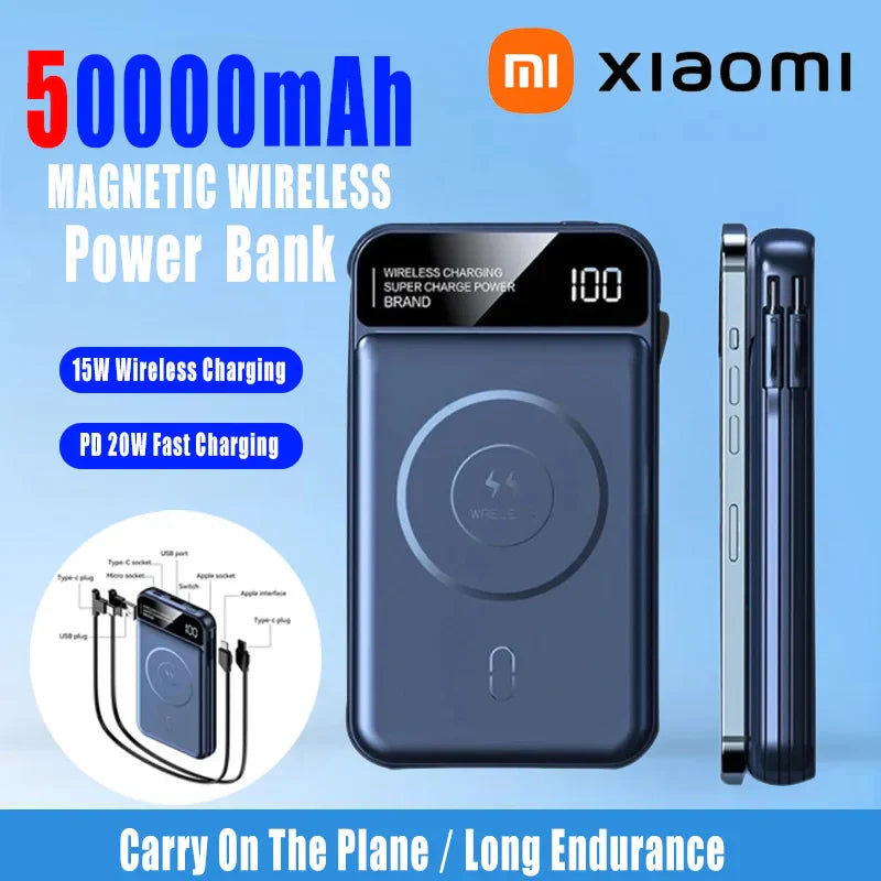 Xiaomi 50000mAh Portable Wireless Charging Power Bank Magnetic Charging Built-in Wire Mobile Phone Battery For Iphone Samsung