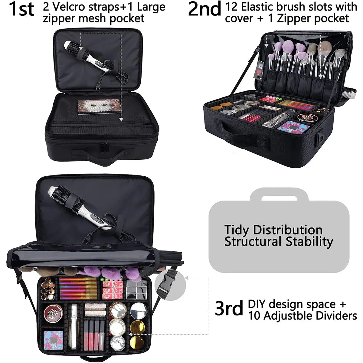 Large capacity travel makeup case, portable artist organizer with adjustable dividers and shoulder strap for toiletries jewelry