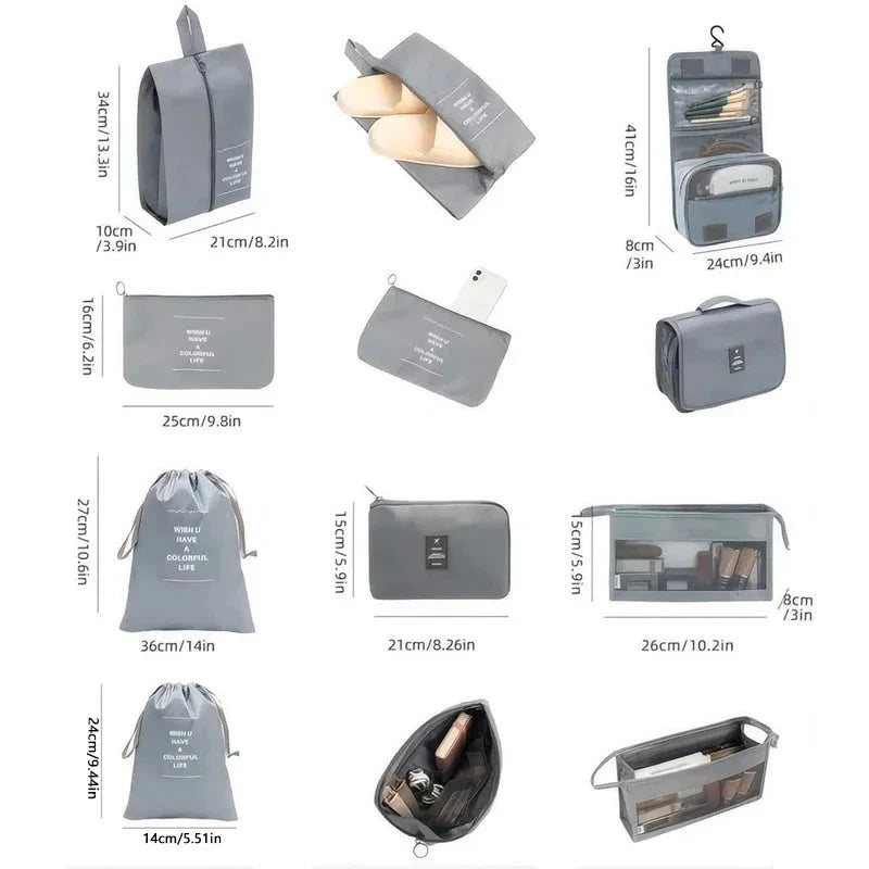 8/9/10/11 Pcs Set Travel Organizer Storage Bags Suitcase Packing Cubes Set Cases Portable Luggage Clothe Shoe Tidy Pouch Folding