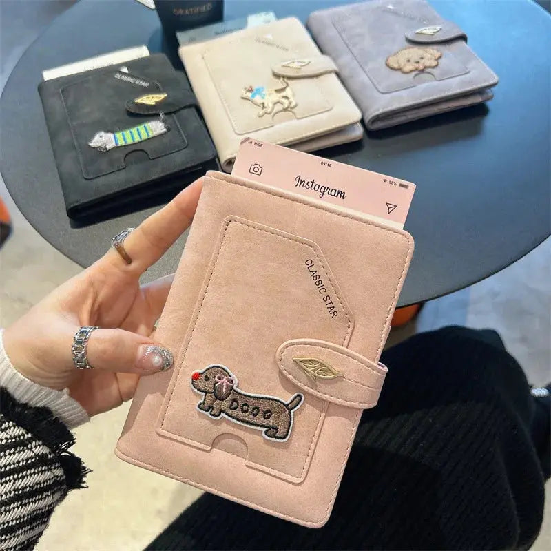 Cartoon Dogs Embroidered Passport Holder PU Leather Cute Passport Cover Multi-function Waterproof Ticket Clamp Travel Accessory